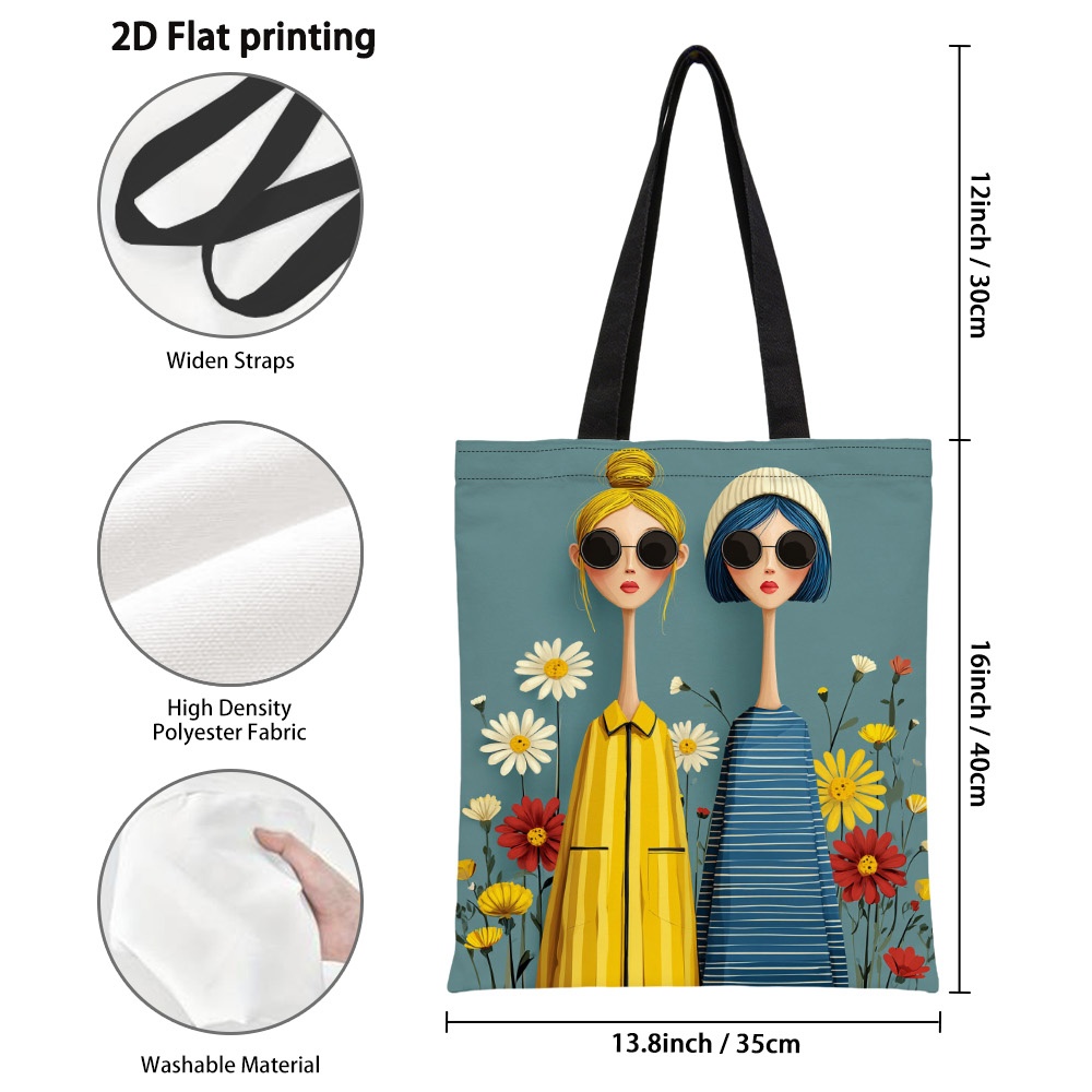 Image of 1pc Stylish Spring Floral Portrait Design Canvas Tote Bag, Vibrant 2d Printed Reusable Grocery Bags, Spacious Shoulder Handbag For Work, Shopping And Holiday Gifts, Versatile Everyday Carryall