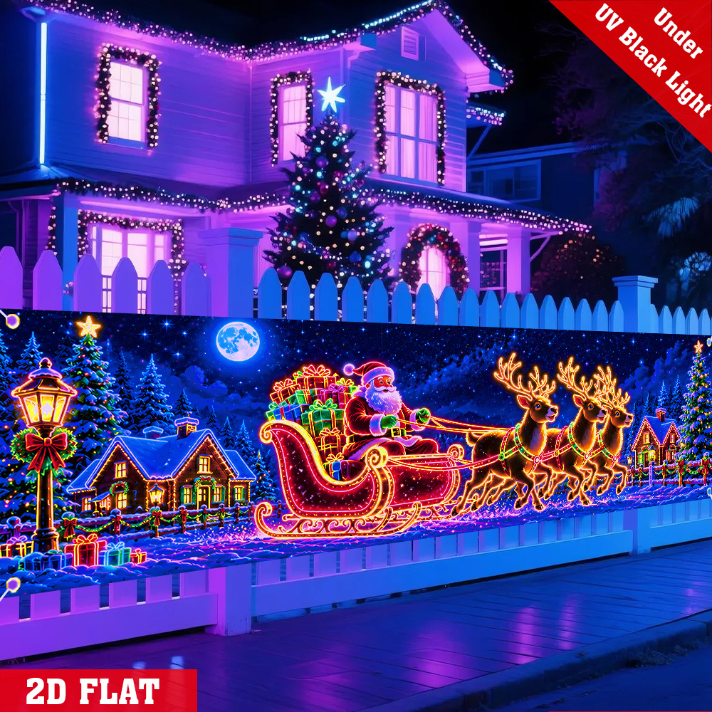 TEMU 2d Flat, 1pc Uv--lit Christmas Banner Suitable For Patios, Fences & - Uv-sensitive Winter Snow Village Night Scene With Santa Claus Sleigh &