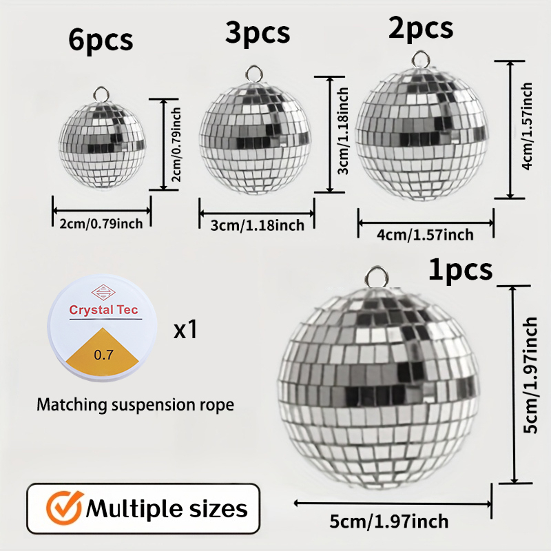 E-shop 14-teiliges Spiegel-Diskokugel-Set, 4 Größen silberne hängende Mini-Diskokugeln mit Aufhängeseil, 2cm/3cm/4cm/5cm reflektierende