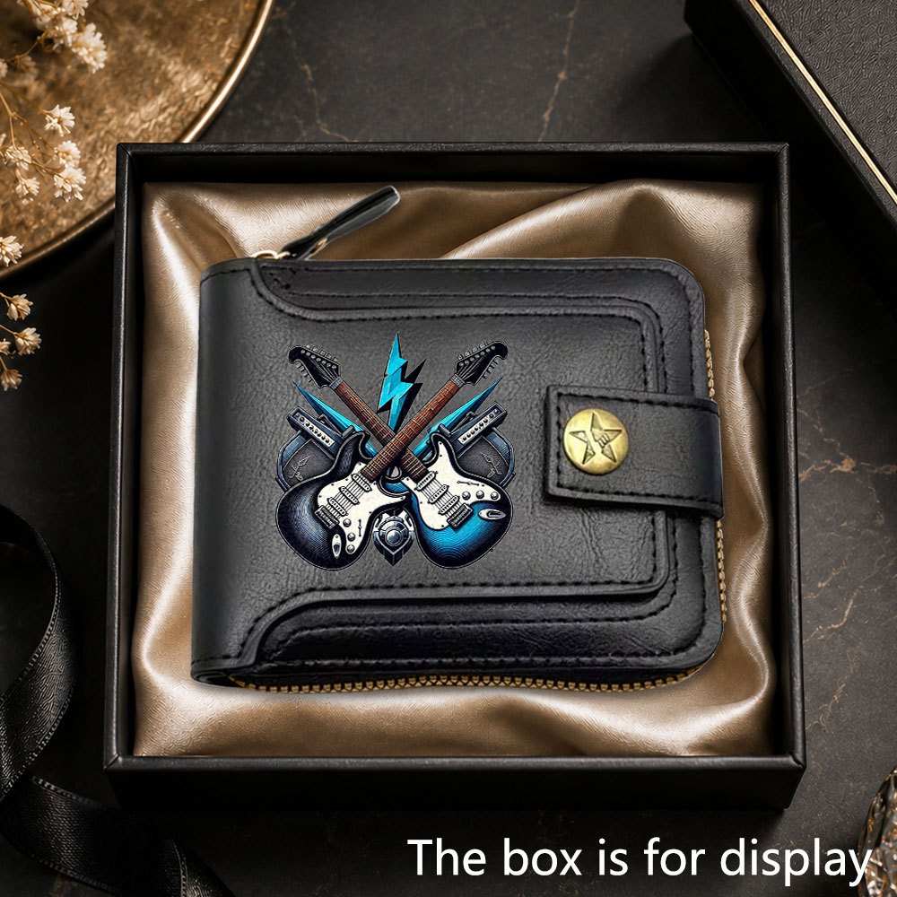 TEMU 1pc New Lightning Guitar Men's Business Wallet, Large Capacity Zipper Design Credit Card Holder, Multi-card Slot Organizer, Portable Coin Purse,