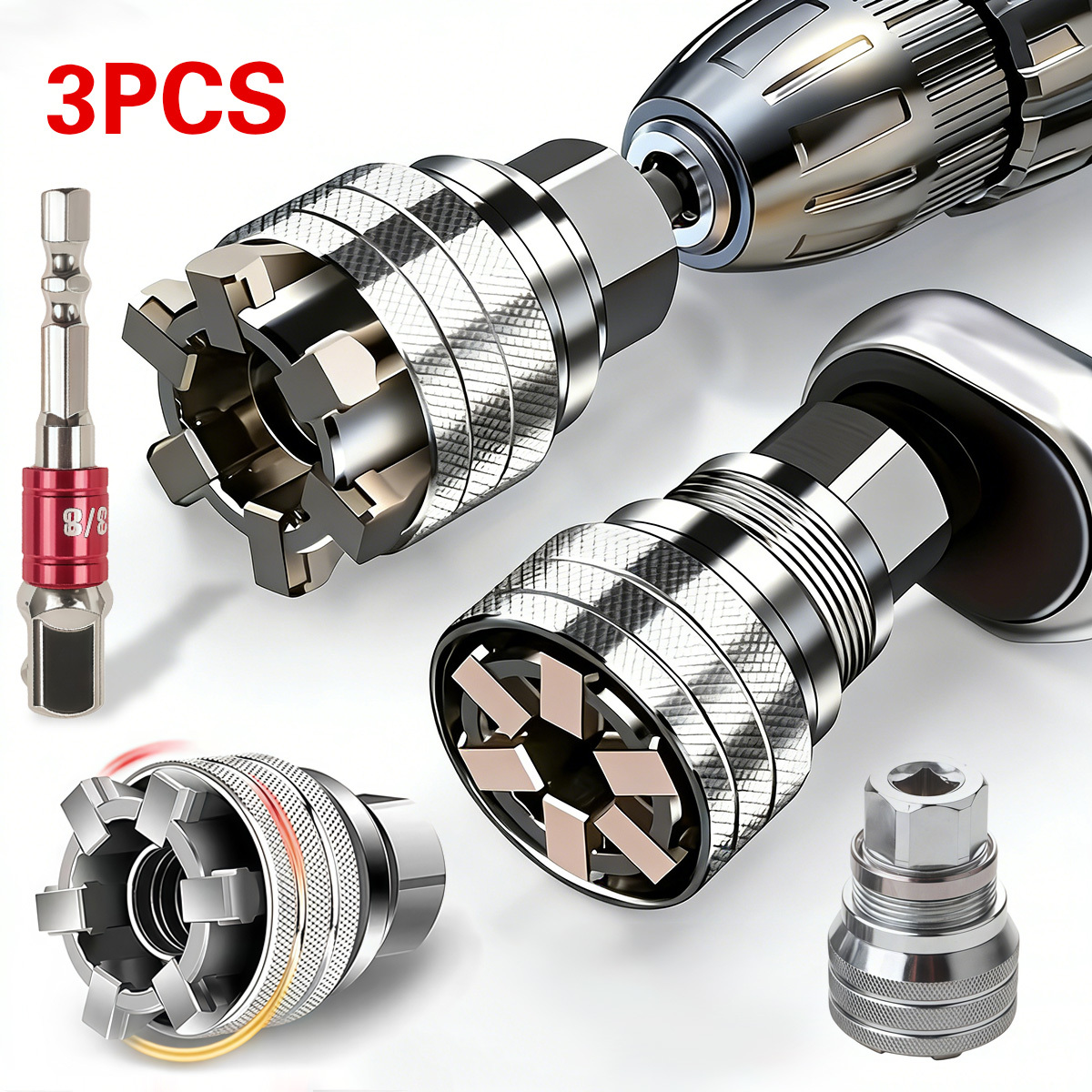zdjęcie przedmiotu zestaw 3 uniwersalnych, regulowanych kluczy nasadowych, profesjonalny zestaw kluczy nasadowych 10-19 mm i 3/8-3/4   grzechotką i adapterem do napędu 3/8, wykonany ze stali chromowo-molibdenowej