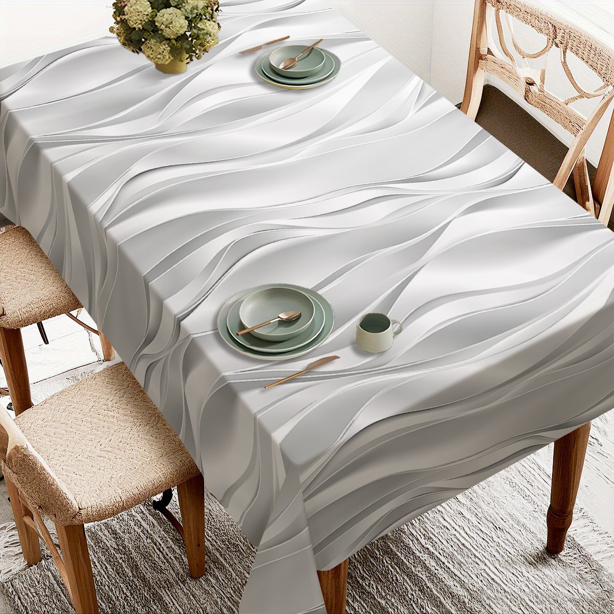 TEMU 1pc Polyester Tablecloth Rectangular Table Cloth Wavy Silver Abstract Table Cover Suitable For Spring And Summer, Mother's Day, Christmas,