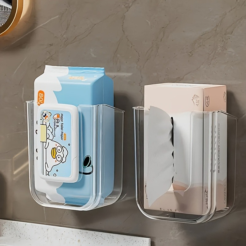   no drill self   luxury square plastic tissue holder strong load bearing clear modern wall mounted bathroom storage box with large opening for face towels wet wipes home commercial use towel holder for bathroom     mount minimalist style durable construction office bathrooms Product details 0