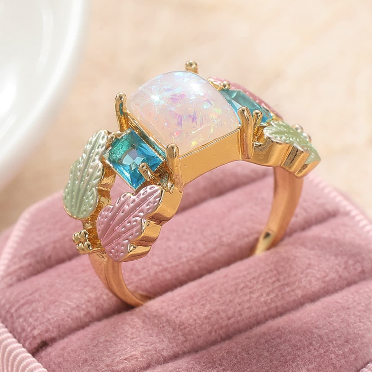 Sweet Macaron-Style Colorful Leaf Square Ring