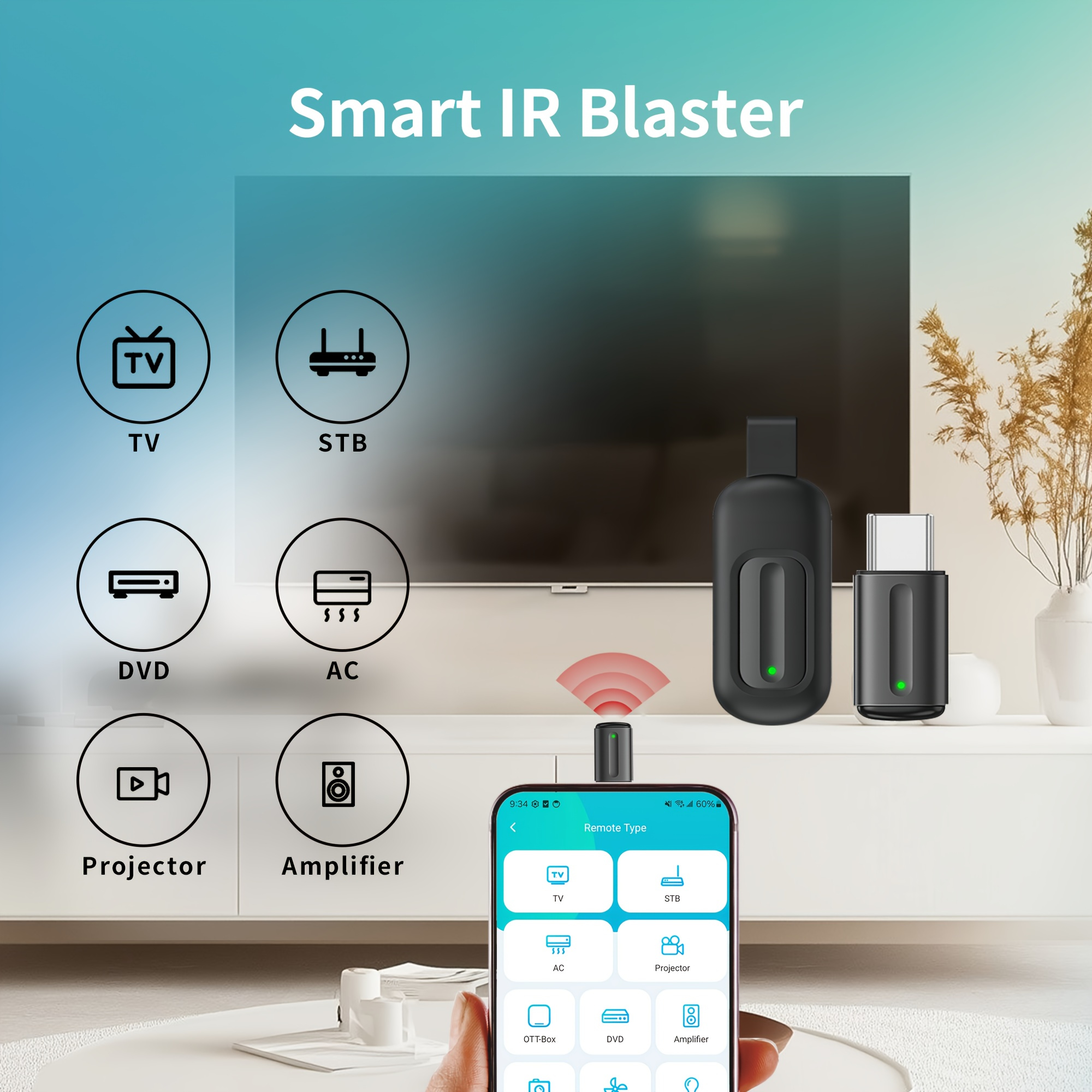 item picture smartphone infrared remote control adapter with type   universal   for home appliances eliminate bulky remotes supports   learning capabilities works with multiple phone brands including    