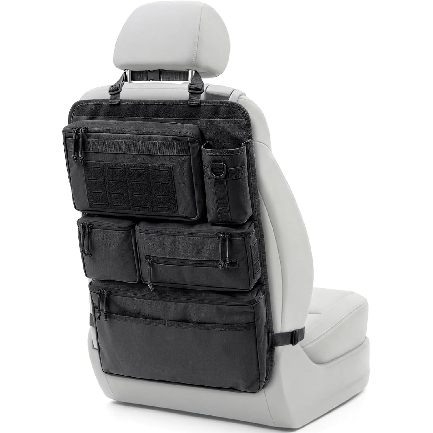 600D Oxford Car Seat Back Organizer with 7+ Storage Compartments, MOLLE Panel, Bottle Holder & Adjustable Straps, Multi-Pocket Backseat Storage Organizer for Cars, Suvs, Trucks & Jeeps