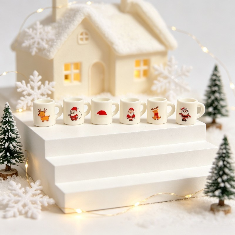 TEMU 6pcs Resin Christmas Model Cups, Santa Claus And Reindeer Pattern Model House Ornaments, Desktop Photography Props, Holiday Table Decorations,