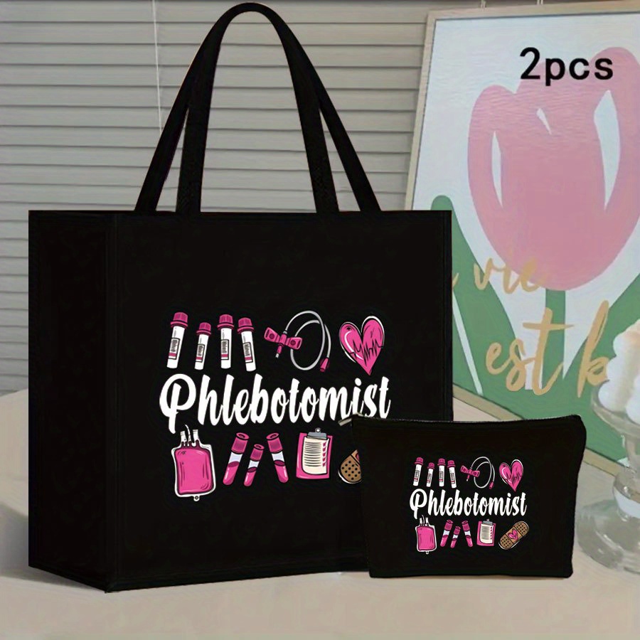TEMU 2pcs Phlebotomist Print Tote Bag Set - Lightweight Burlap With Adorable Coin Purse - Perfect For Shopping, Travel & Beach - Durable & Versatile