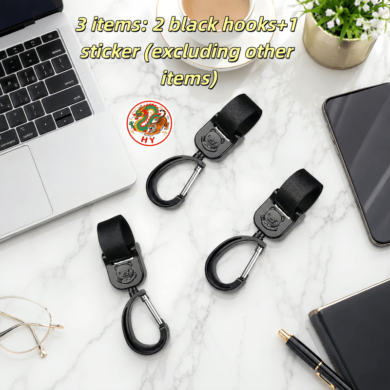 TEMU 3pcs Items 2pcs Hooks And 1pc Sticker 360-degree Rotatable Hook, Stroller Hook, Suitable For Diaper Bags, Wallets, And Gear