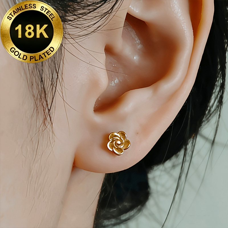 TEMU High-quality Golden Rose Stud Earrings, Stainless Steel Women's Stud Earrings, Floral Fashionable And Romantic Women's Accessories, Comfortable