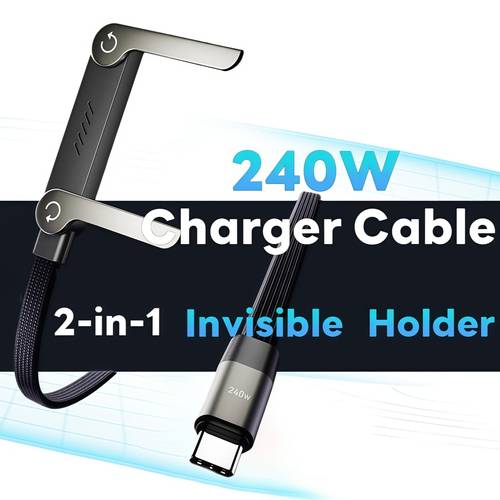 1pc 240w fast charging foldable phone holder 2 in 1 foldable data cable with type c connector usb round shape