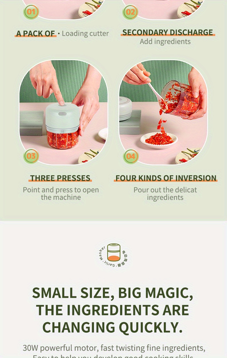 250ml mini rechargeable garlic chopper meat grinder usb wireless charging 100 250ml capacity 30w safe and durable suitable for kitchen picnic kitchen gadget for chopping onions   celeriacs ginger gift   Product details 2