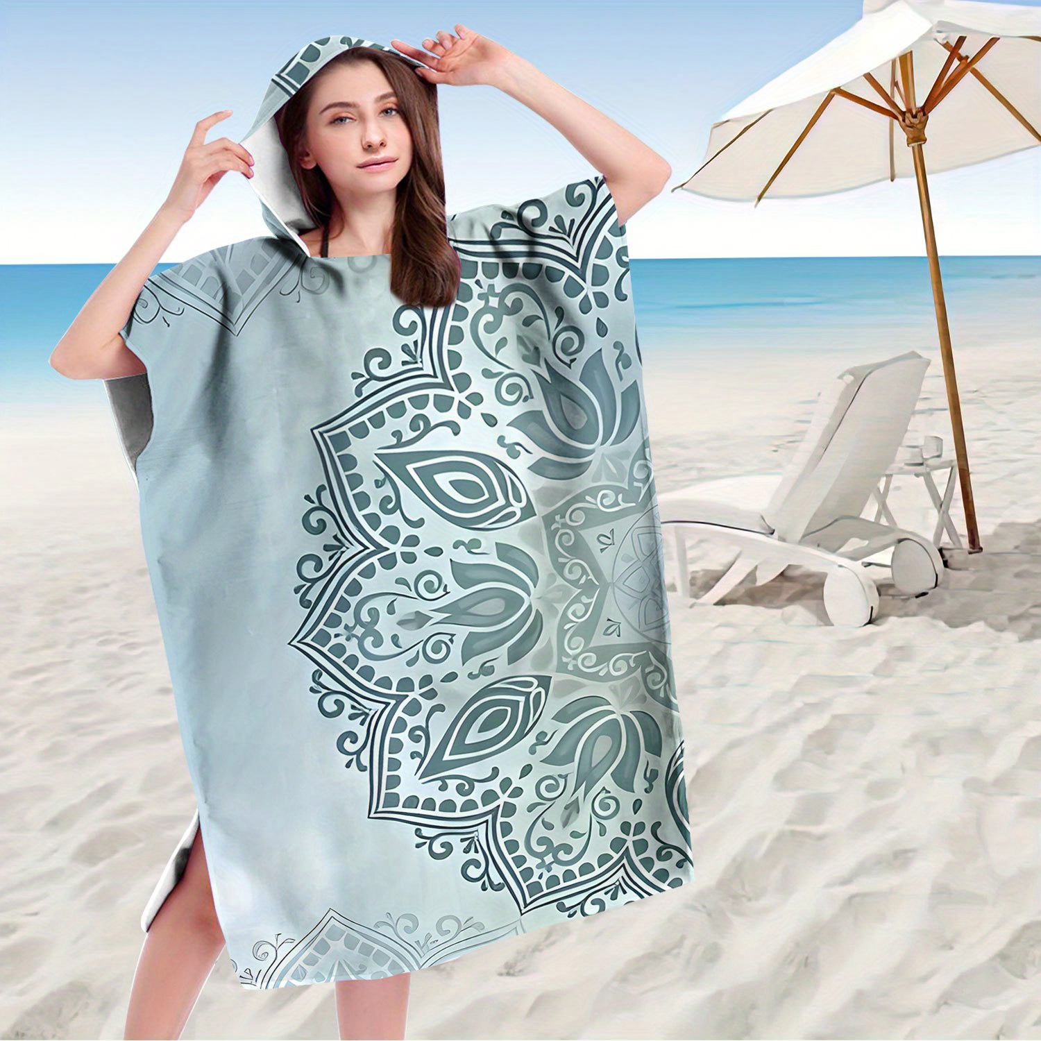 TEMU Elegant & Modern Extra Large Hooded Beach Towel - Quick-dry Microfiber Wearable Towel With Stylish Paisley Pattern, Lightweight & Portable For