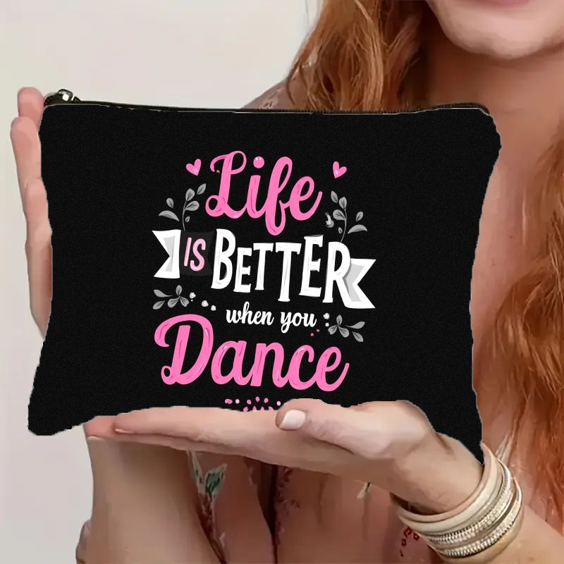 TEMU " Is Better, Dance" Promotional Makeup Bag - Lightweight Zippered Pouch With , Black And Pink Dance Quote Cosmetic Storage Compartments, Perfect