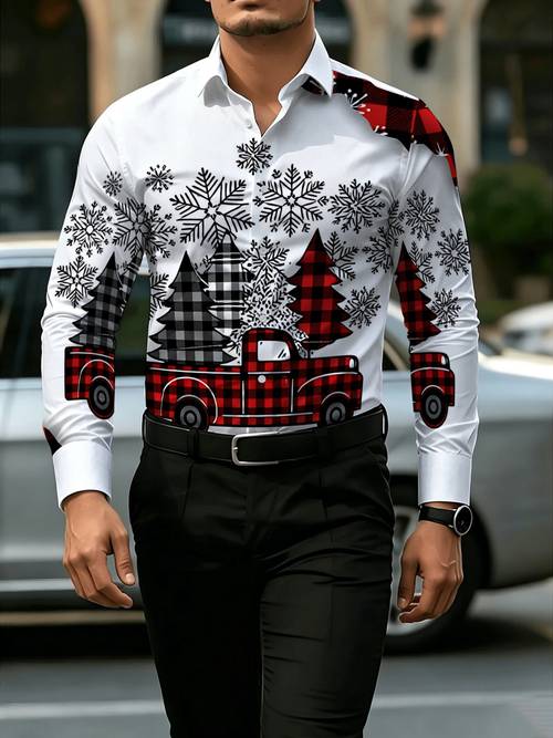 mens casual shirt christmas vintage pickup truck with christmas tree print for holiday parties and daily casual wear