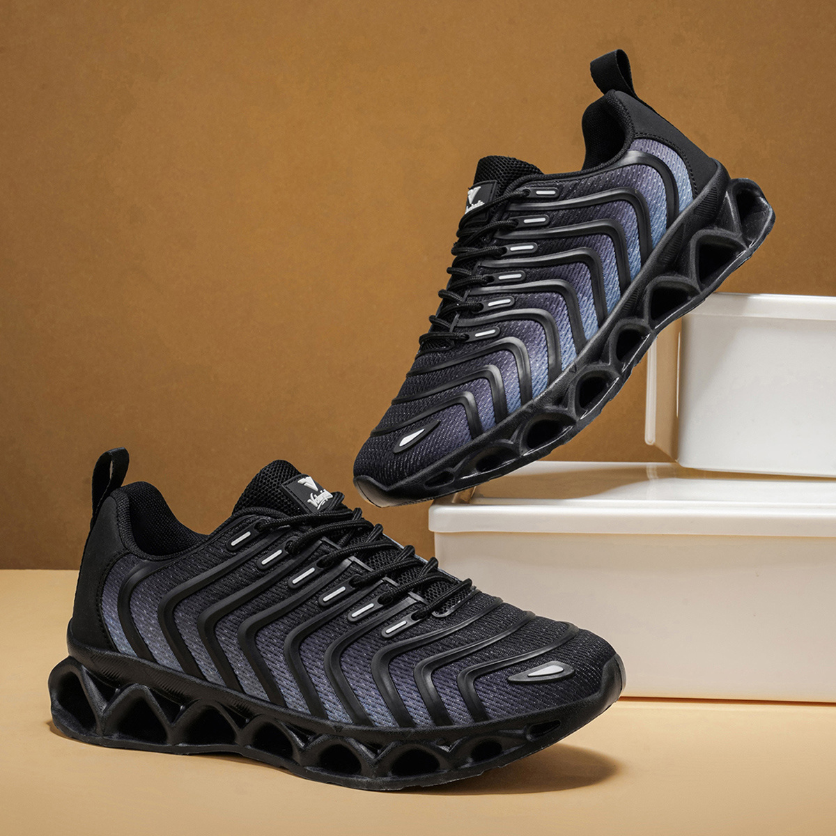 Image of Men's Wave-stripe Hollow-out Platform Running And Casual Shoes, Fashion Walking Sneakers, Air Cushion Running Shoes, Non-slip Breathable Mesh Tennis Shoes, Air Cushion Shock-absorbing Shoes