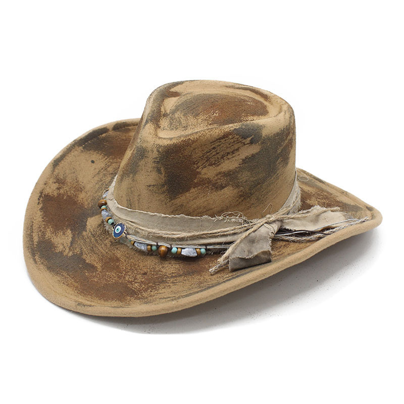 TEMU 2026 Unisex Western Felt Cowboy Costume Hat, Distressed Texture With Beaded Fabric Strap Hat Ideal For Ranch Wear, Cosplay And