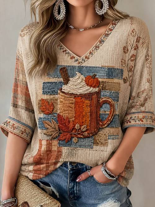 women v neck three quarter sleeve t shirt fall coffee mug pumpkin whipped cream maple leaf plaid splicing graphic print decorative fall floral trim v neck and cuff loose fit soft lightweight autumn daily going out tops