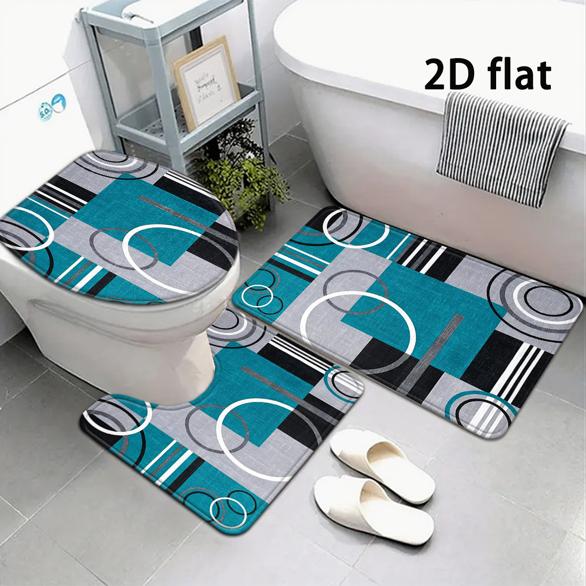 TEMU 2d Flat, 2d Flat 3pcs/4pcs Geometric Circle Bathroom Mat Set, Modern Minimalist Style Floor Mat, Soft Thickened Absorbent Mat, Suitable For Home