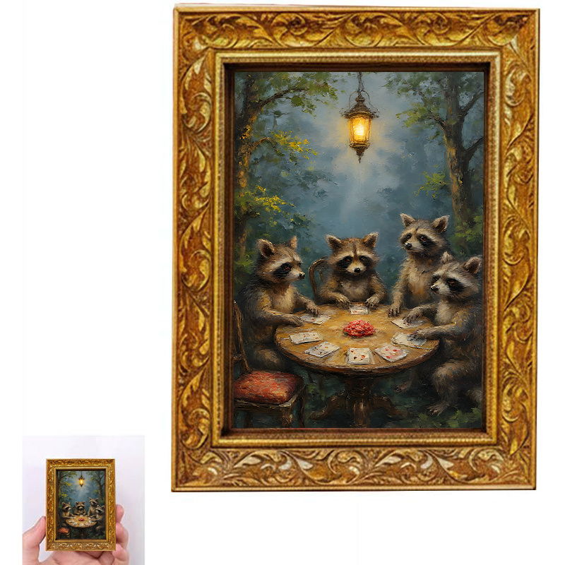 TEMU Mini cadre photo plat 2D, aimant de réfrigérateur, 1 pièce, thème raton laveur et soirée de poker - Cadre en bois, convient pour salle de jeux,