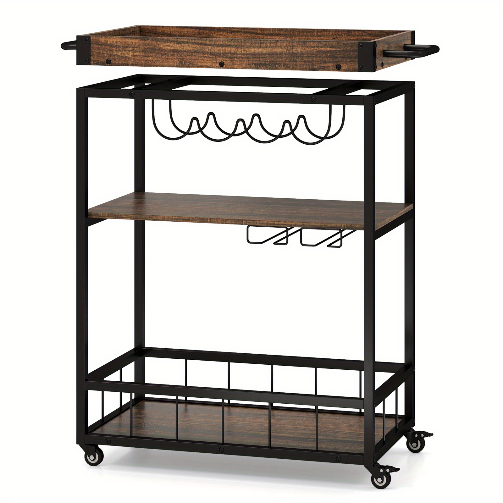 Image of Brown Rolling Bar Cart, Kitchen Serving Cart Featuring A Detachable Tray, Wine Rack, And Glass Holder, Three-tiered Wine Cart On Wheels, Industrial Utility Cart
