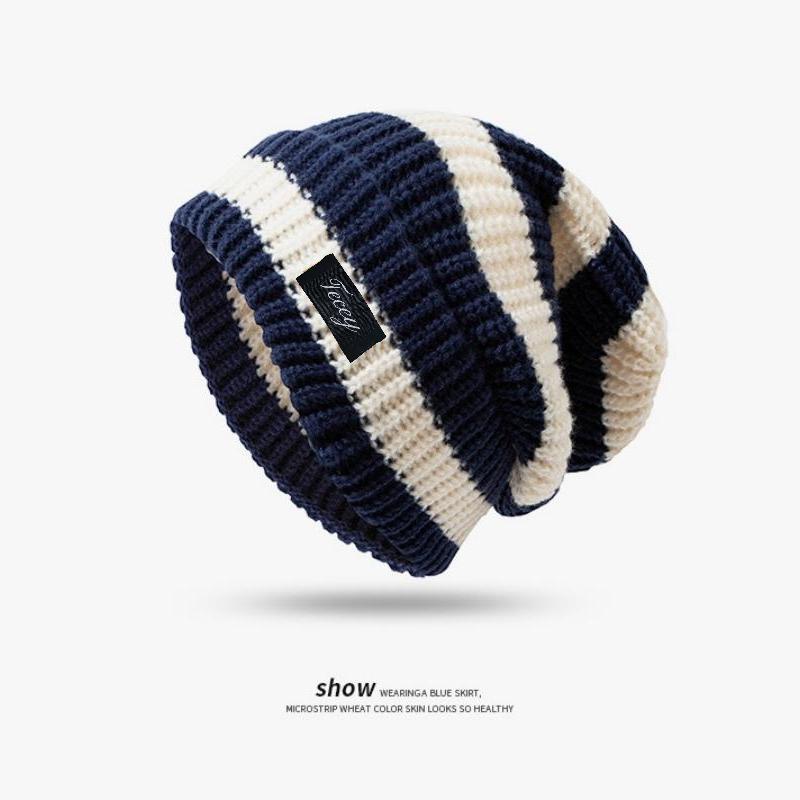 TEMU Autumn Winter New Contrast Striped Beanie, Thick Soft Warm Loose Hat Unisex Lazy Versatile Cold-proof , Outdoor Commute Daily Casual Breathable