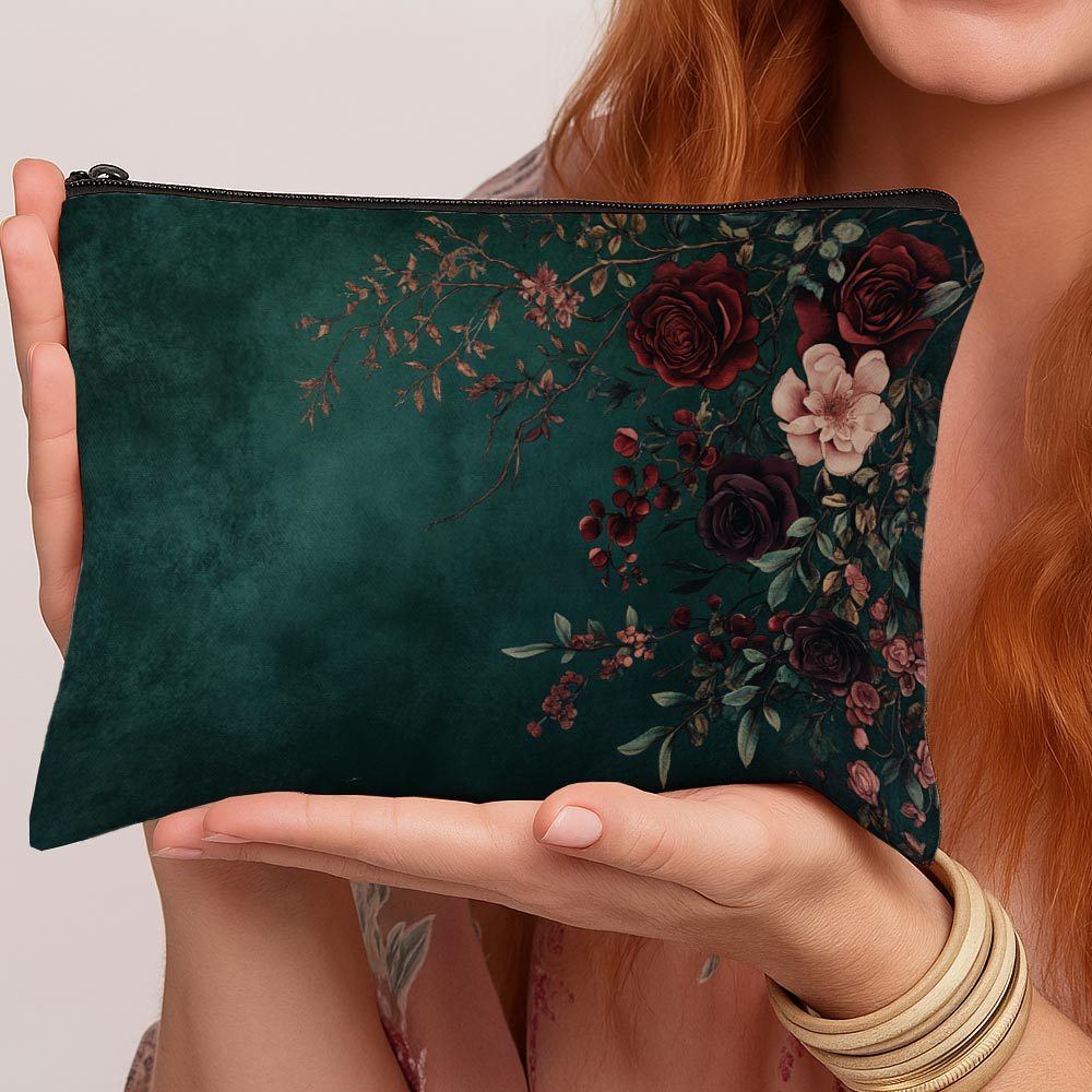 E-shop 1 Stück Dunkelromantische Gothic-Druck Kosmetiktasche - Rote Rose Dramatisches Blumenmuster Leichte Reise-Make-up-Organizer, Tragbare
