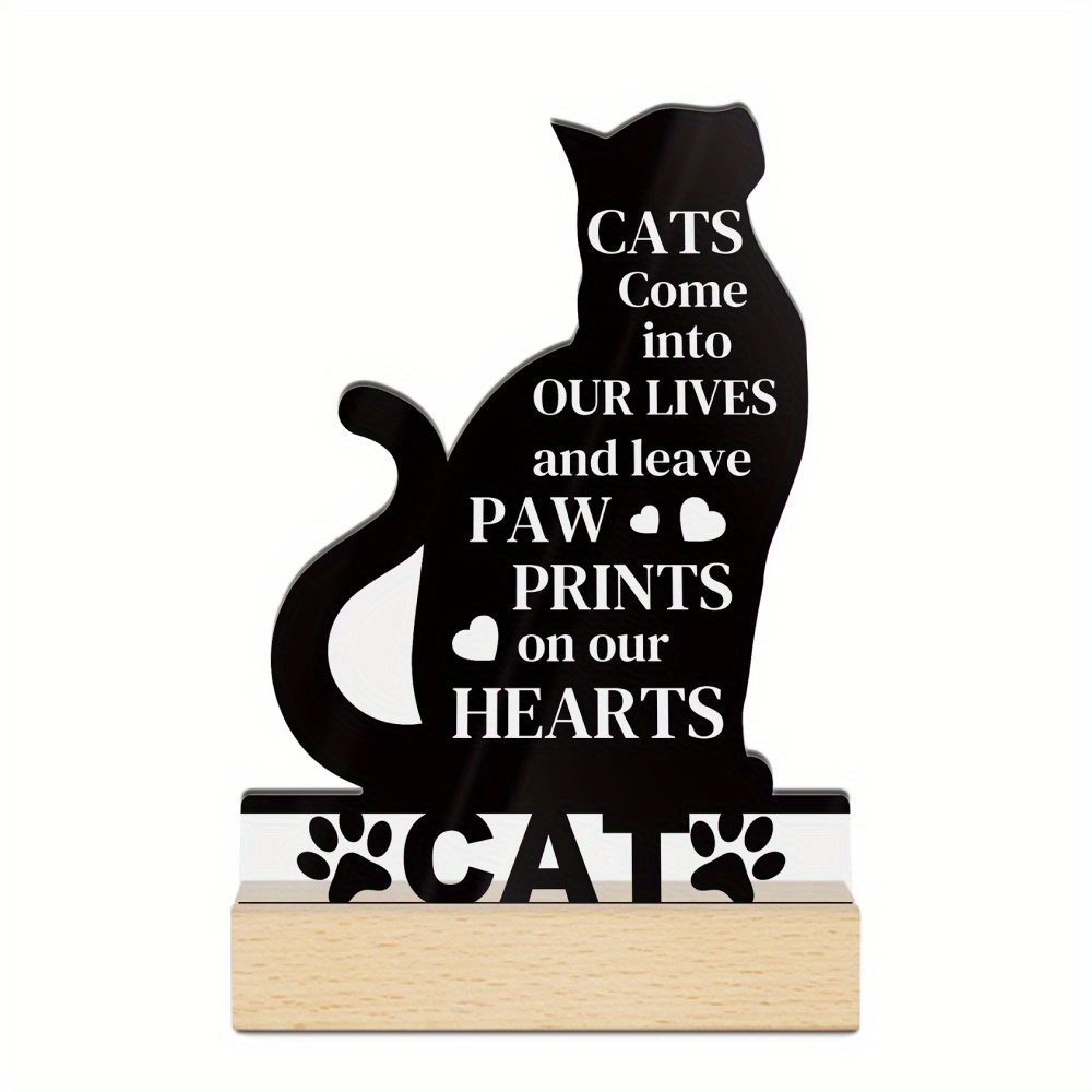 TEMU [2d Flat] Putuo Decor 1pc Acrylic Sign With Wooden Base For Table Decoration, Cats Enter Our Lives And Leave On Our Hearts, Desktop Ornament For