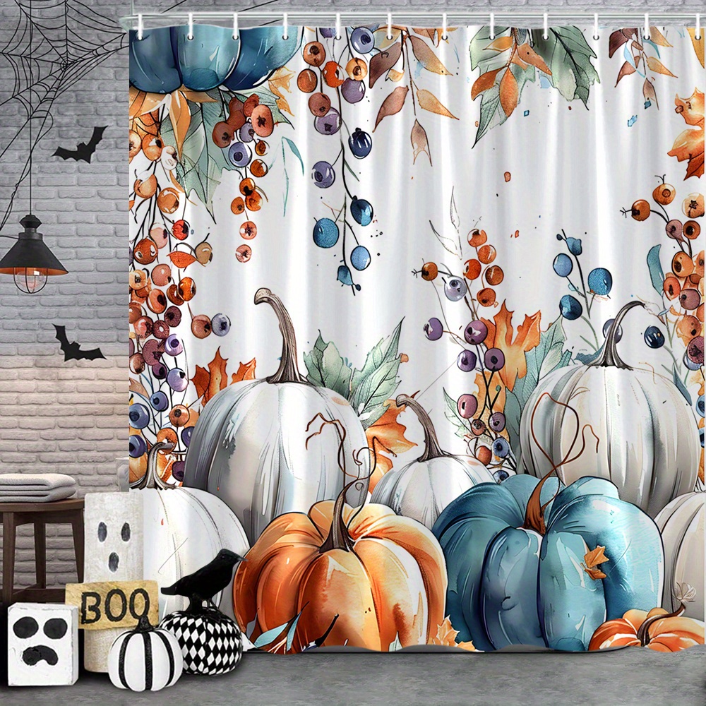 TEMU Une rideau de douche d'Halloween avec des citrouilles vibrantes et un feuillage d'automne, conçu pour un look de ferme rustique. Il mesure 71X71