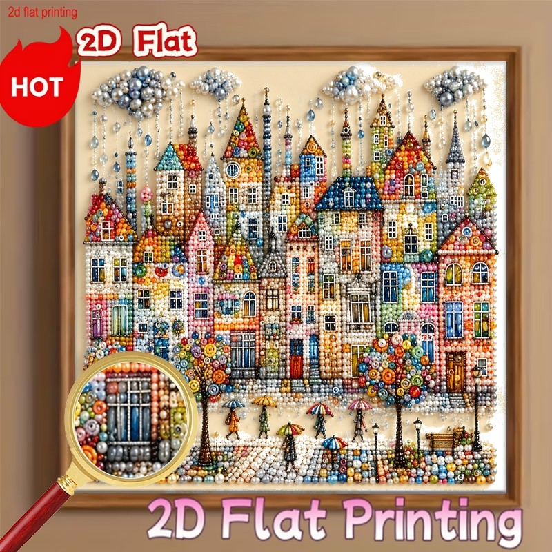 TEMU Kit de Peinture Diamant 2D Cadre, Scène Délicate de Rue Pluie avec Perles, Bâtiments Colorés, Piétons & Arbres d'Automne, Œuvre d'Art Artisanale