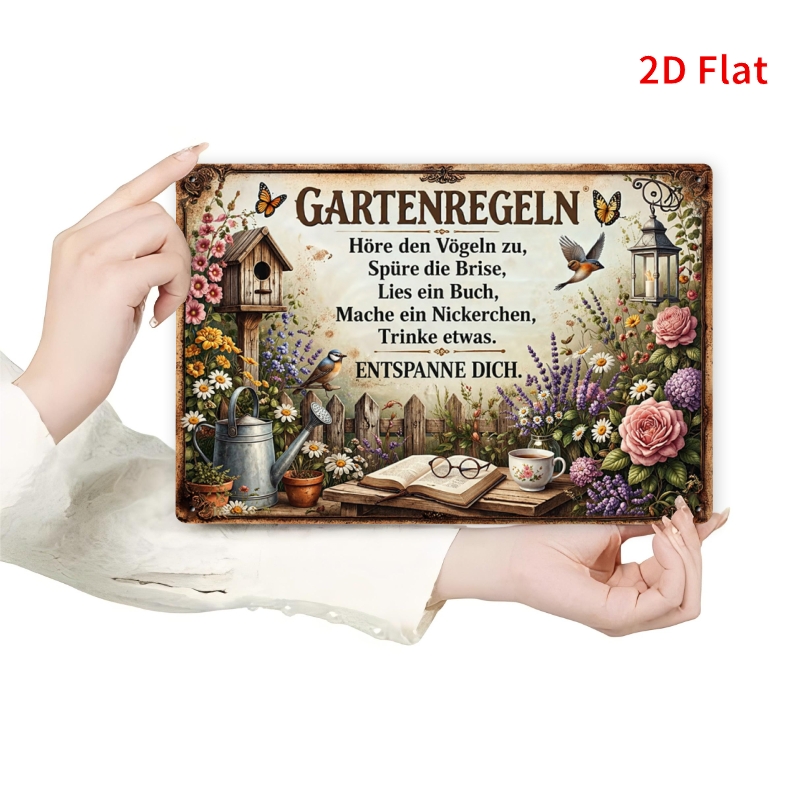 Image of 2d Flat, [2dflat]1pcs 30x20cm- Vintage Garden Rules Metal Tin Sign, Retro Gardening Wall Art Decor, Rustic Flower Bird House Plaque For Home Patio Yard, 2d Flat