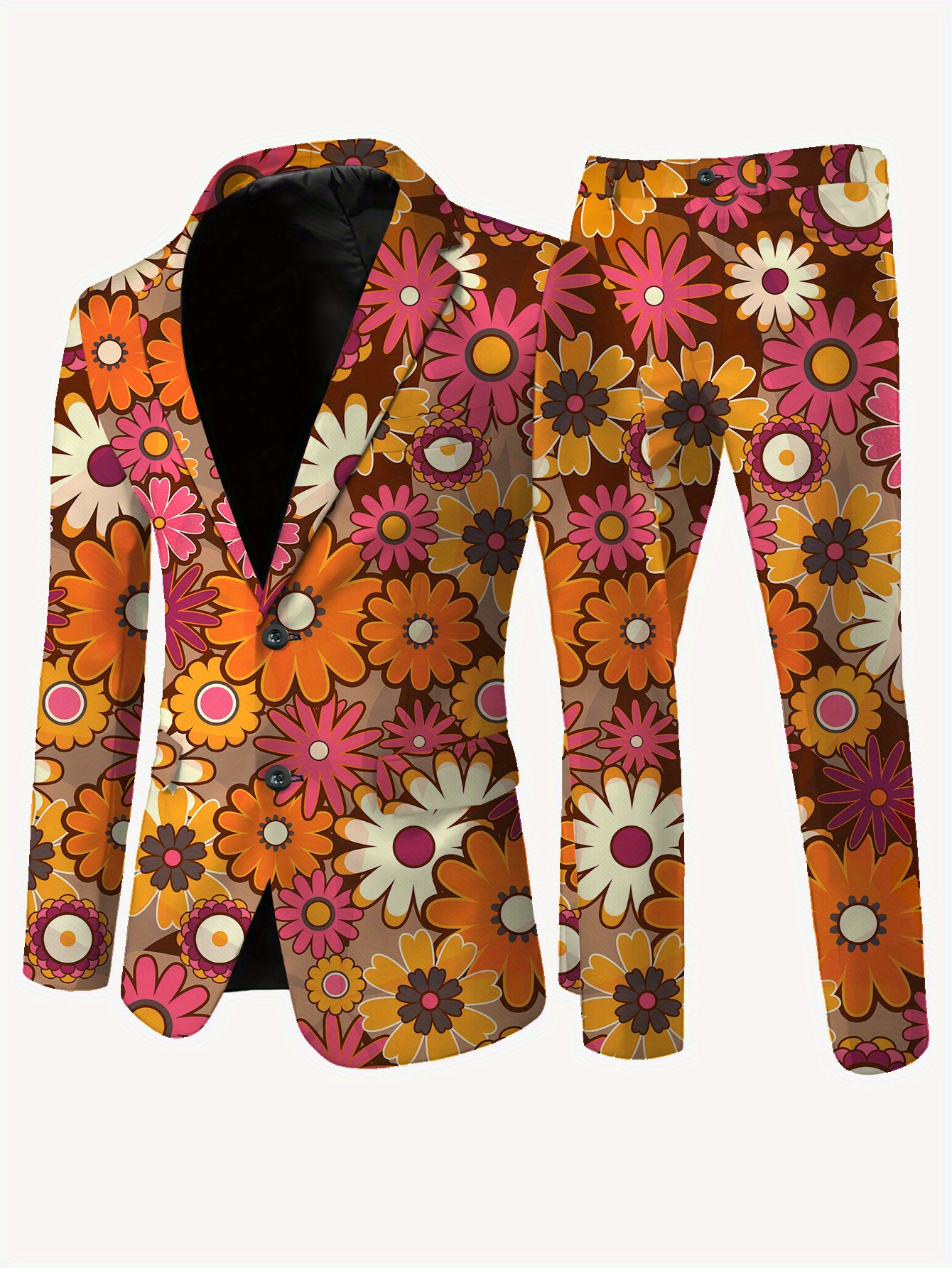 mens casual floral print suit relaxed fit long sleeve   pants with vibrant daisy sunflower design   wear casual attire floral pattern   stretchy fabric