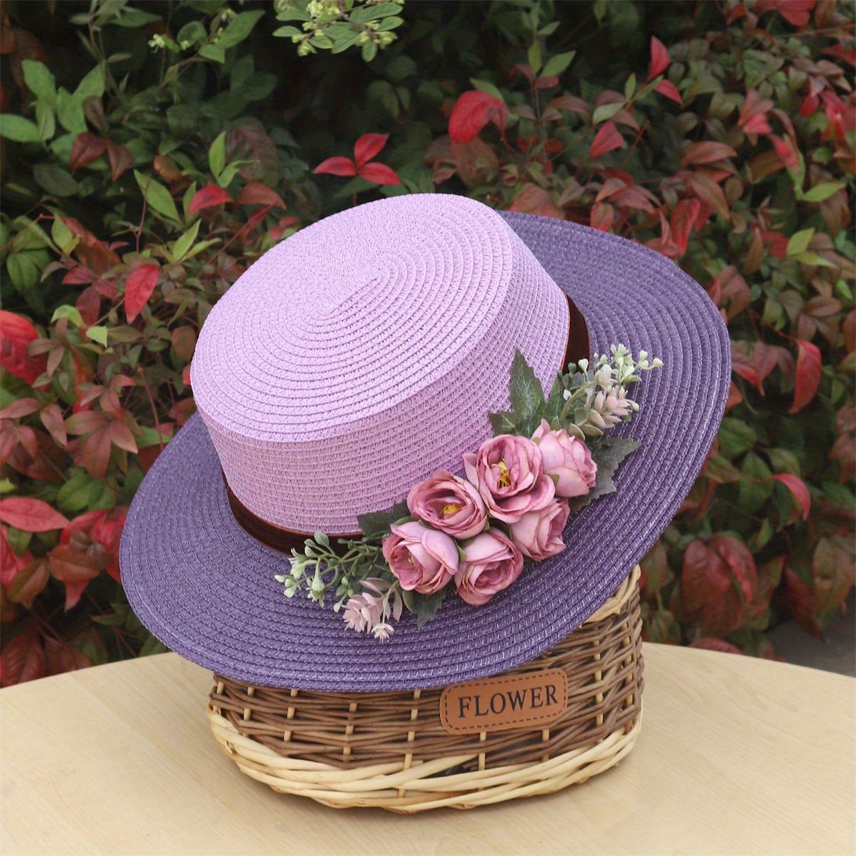 Women's Lightweight Wide Brim Straw Boater Hat with Artificial Roses  Elegant Beach Sun Hat Polyester