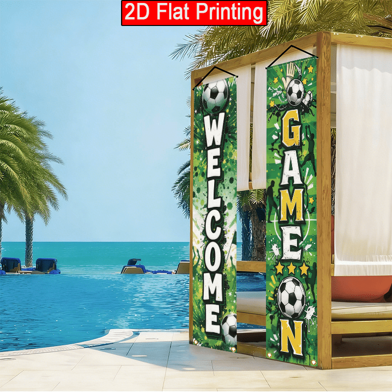 TEMU 2d Flat, 2d Door Banner, 1 Pair 2d Flat Polyester 2026 Soccer Events Door Banner Flag Welcome Vertical Porch Banner, Green Soccer Door Hanging