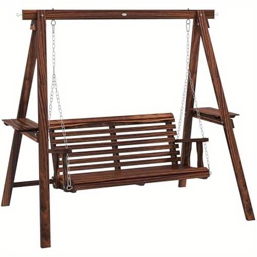 2 seat porch swing with stand solid fir wood patio swing chair with side tables 528 lbs capacity adjustable metal chains for garden poolside backyard carbonized garden seating vintage aesthetic sturdy construction