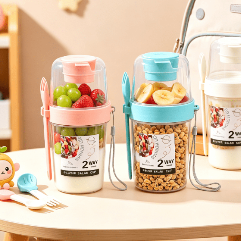 TEMU 2pcs Double-layer Salad Cup- Portable Fruit And Yogurt Cup- Breakfast Oatmeal Cup- Takeout Light - Meal Replacement Preservation Cup