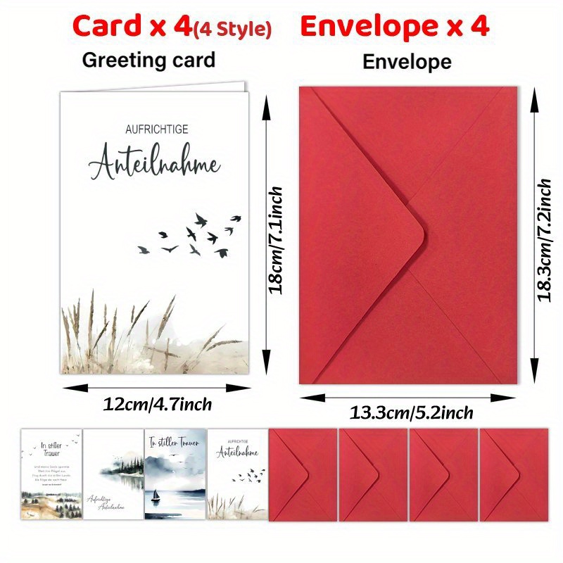 Image of Set Of 4 German Sympathy Cards, Expressing Condolences, Remembrance, And Support For Grieving The Loss Of A One, Suitable As Gifts For