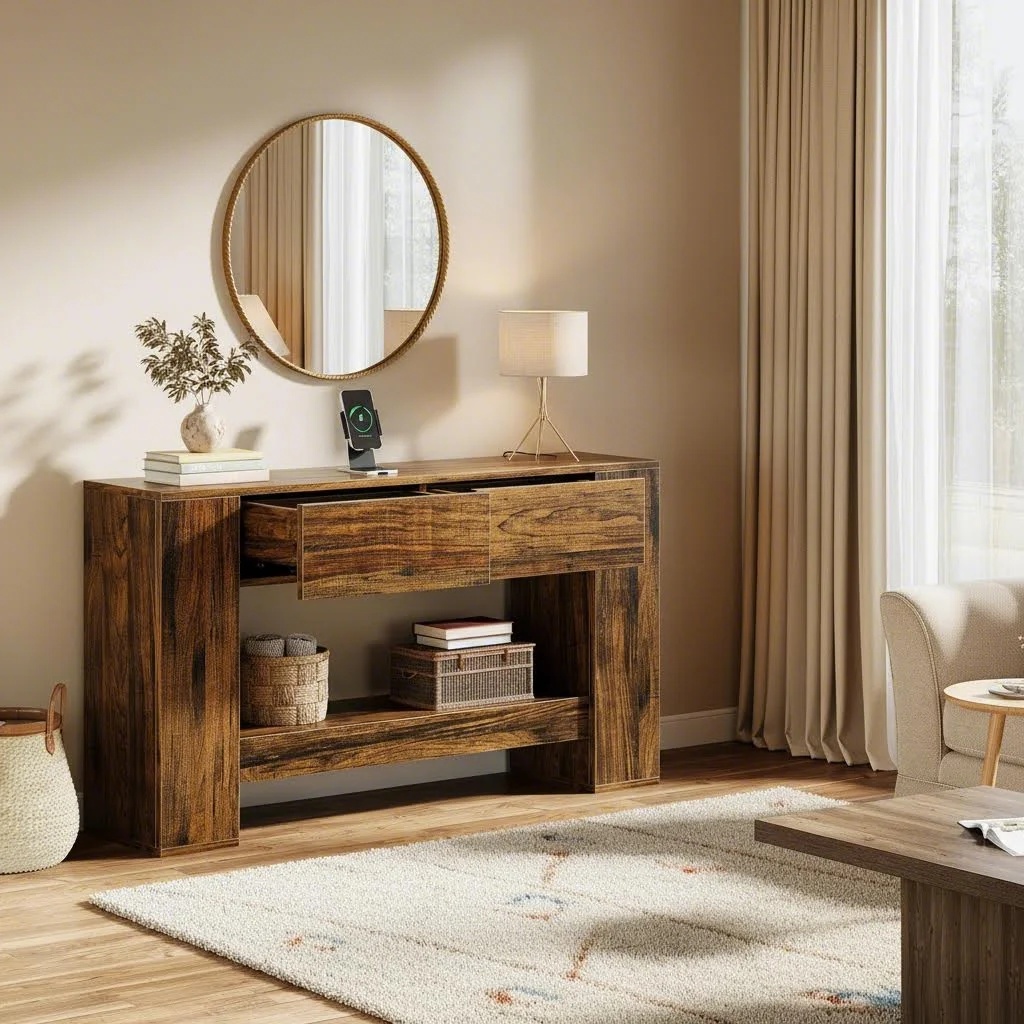 55.1 Inch Rustic Brown 2-tier Sofa Console Table With Drawers, Wood Hallway Entrance Table For Living Room Christmas Holiday Decor (only Table 1pc)