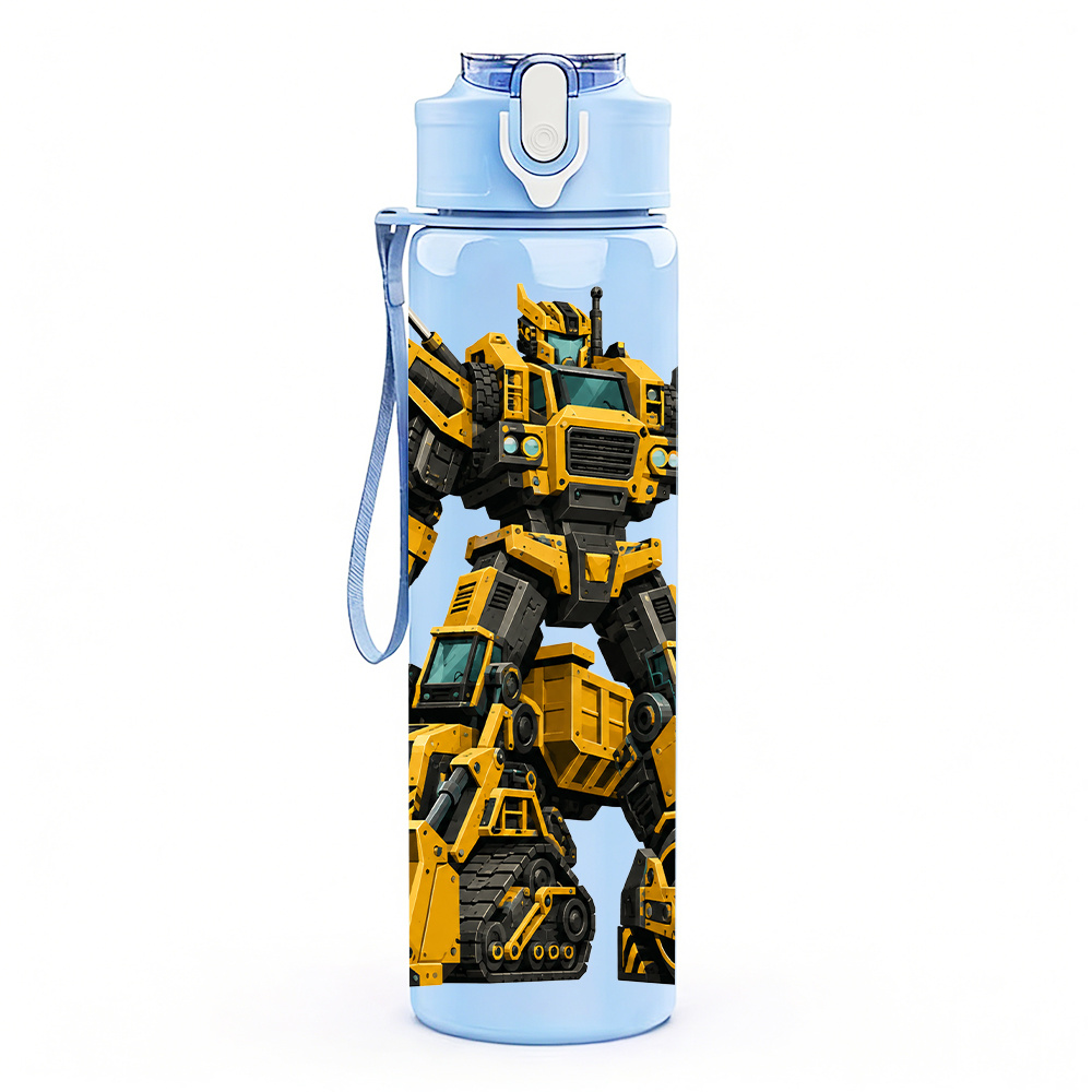 TEMU 1pc Cartoon Robot Design, 750ml/26oz Colored Plastic Sports Water Bottle, Travel Cup, Cute Printed Design, Leak-proof With Pop-up Lid, Suitable