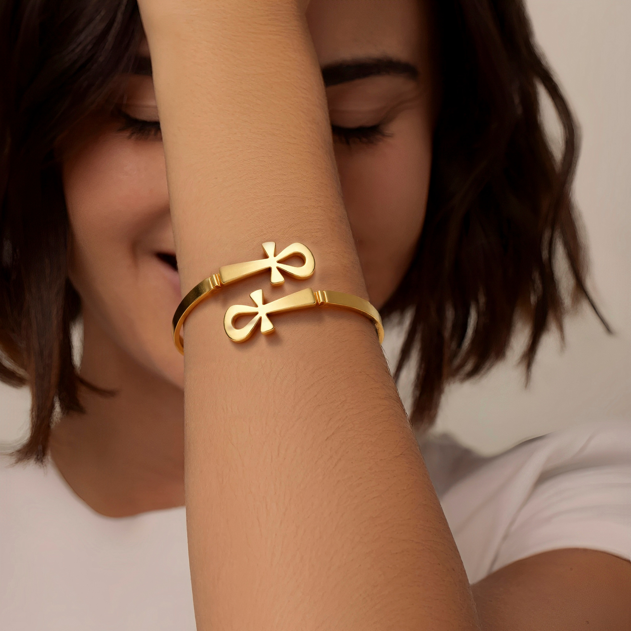 Image of Ankh Symbol Cuff Bangle Women Stainless Steel Golden Egyptian Open Bracelet Fashion Accessory Gift