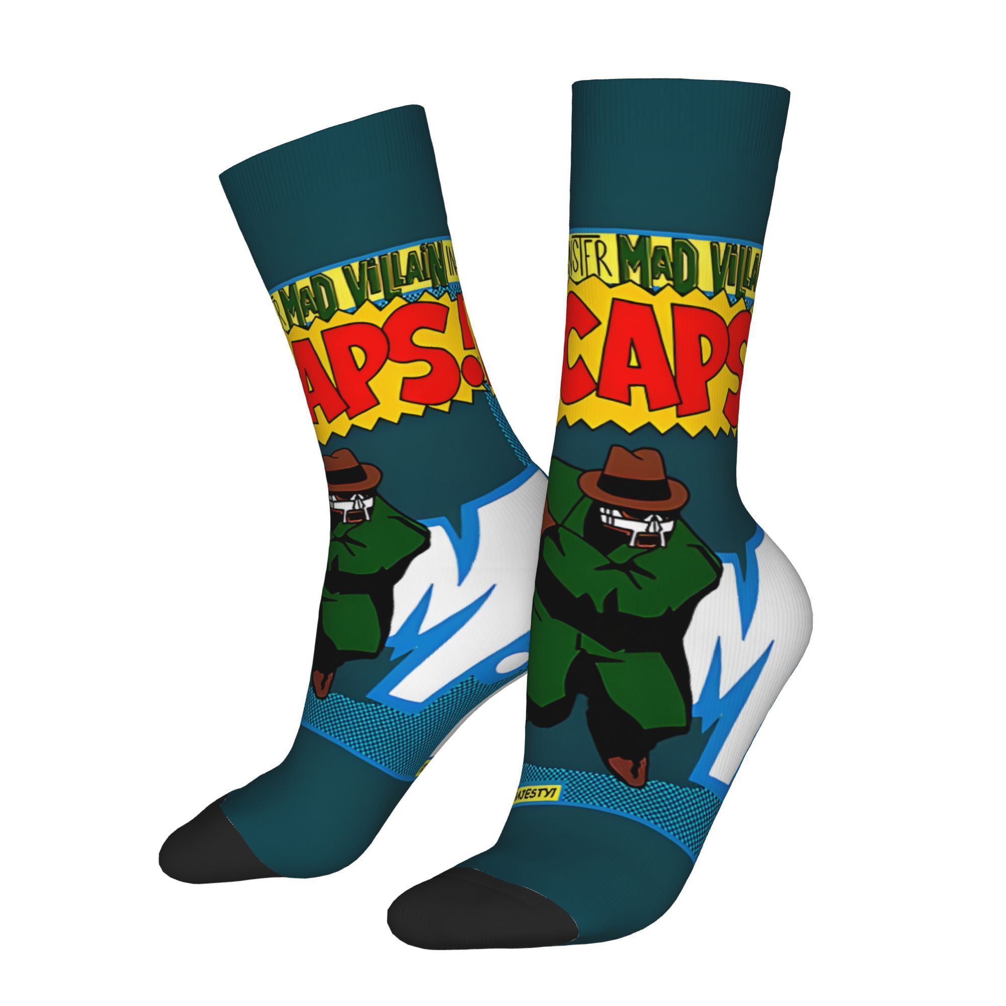 

1 Pair Retro M.f Doom Crazy Men's Socks, Hip Hop Polyester Knit Fabric With Elastane, Seamless Printed Novelty Crew Socks, Hand Wash/