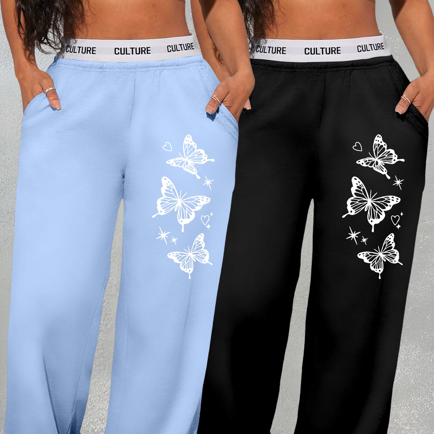 

Polyester Knit Fabric Women's Sweatpants 2-pack – Casual High-waist Wide-leg Pants With Geometric Print – Straight Leg Loungewear, Loose Fit