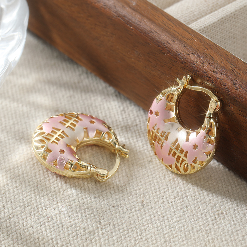 Women's Retro Three-Tone Hollow Flower Hoop Earrings