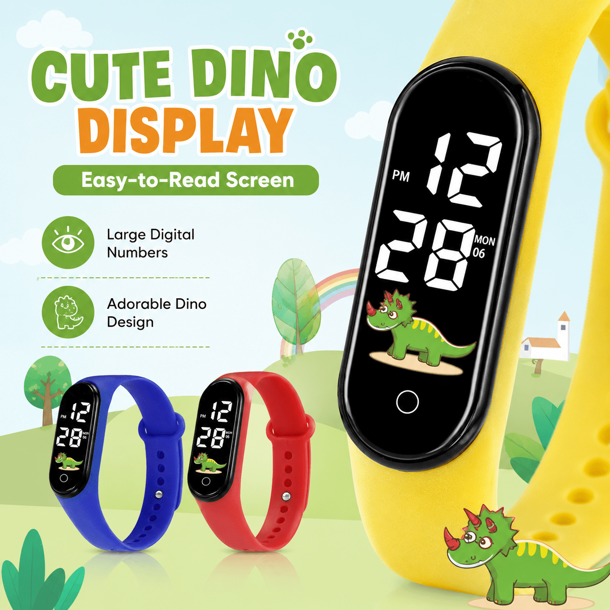 8pc Boy Dinosaur Pattern Digital Watch Bracelet Set