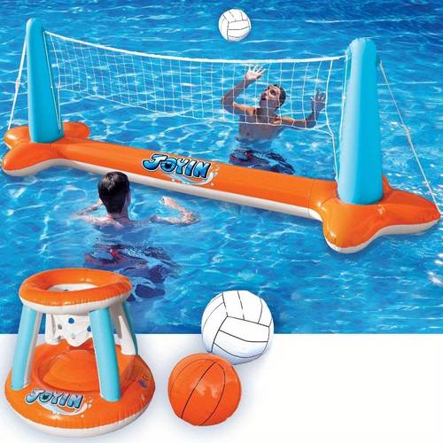 inflatable pool float volleyball net basketball hoops floating swimming party games activities toy for kids and adults summer floaties volleyball court basketball l orange