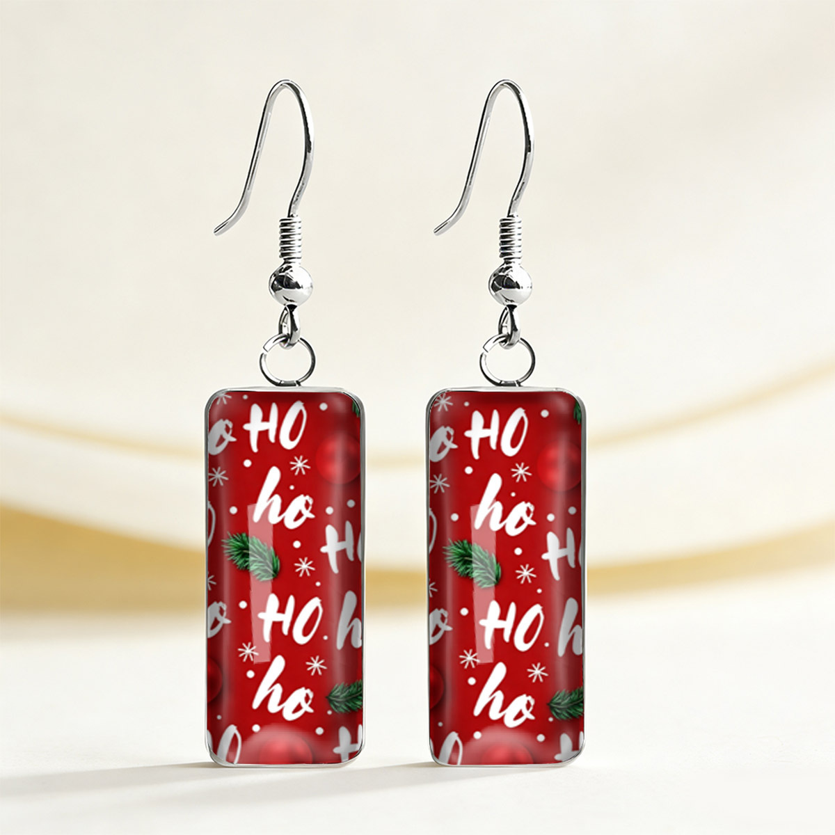 TEMU 1 Paire de Boucles d'Oreilles Rectangulaires Imprimées avec Branche de Pin de Noël Anglaise HO sur Fond Rouge, Boucles d'Oreilles Longues