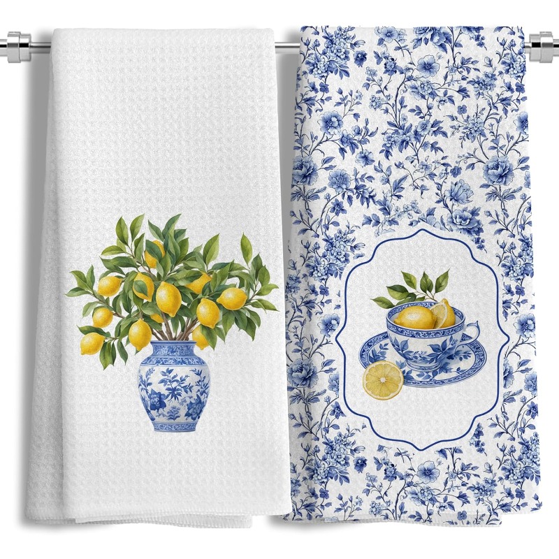TEMU 2pcs 18*26inch Lemon Kitchen Towels, Blue And White Chinoiserie Summer Lemon Dish Tea Towels For Kitchen Decor, Chinoiserie Amalfi Decor Hand