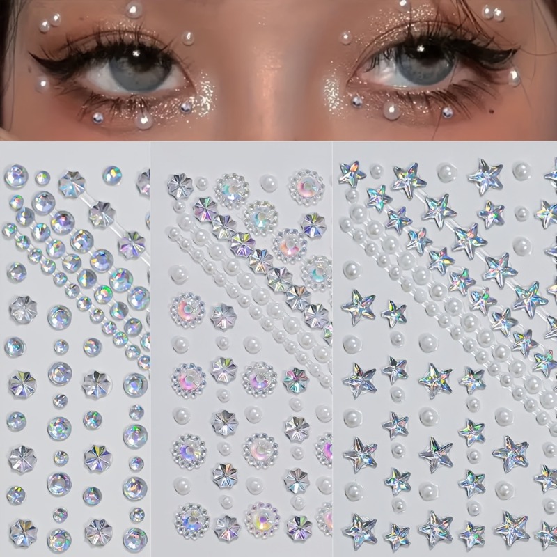 TEMU 3pcs Y2K Blanc Argenté Stickers 3D Faux Strass - Étoile/Lune/ Argentée Stickers de Pierres Synthétiques Scintillantes, pour Cosmétique de Fête ,