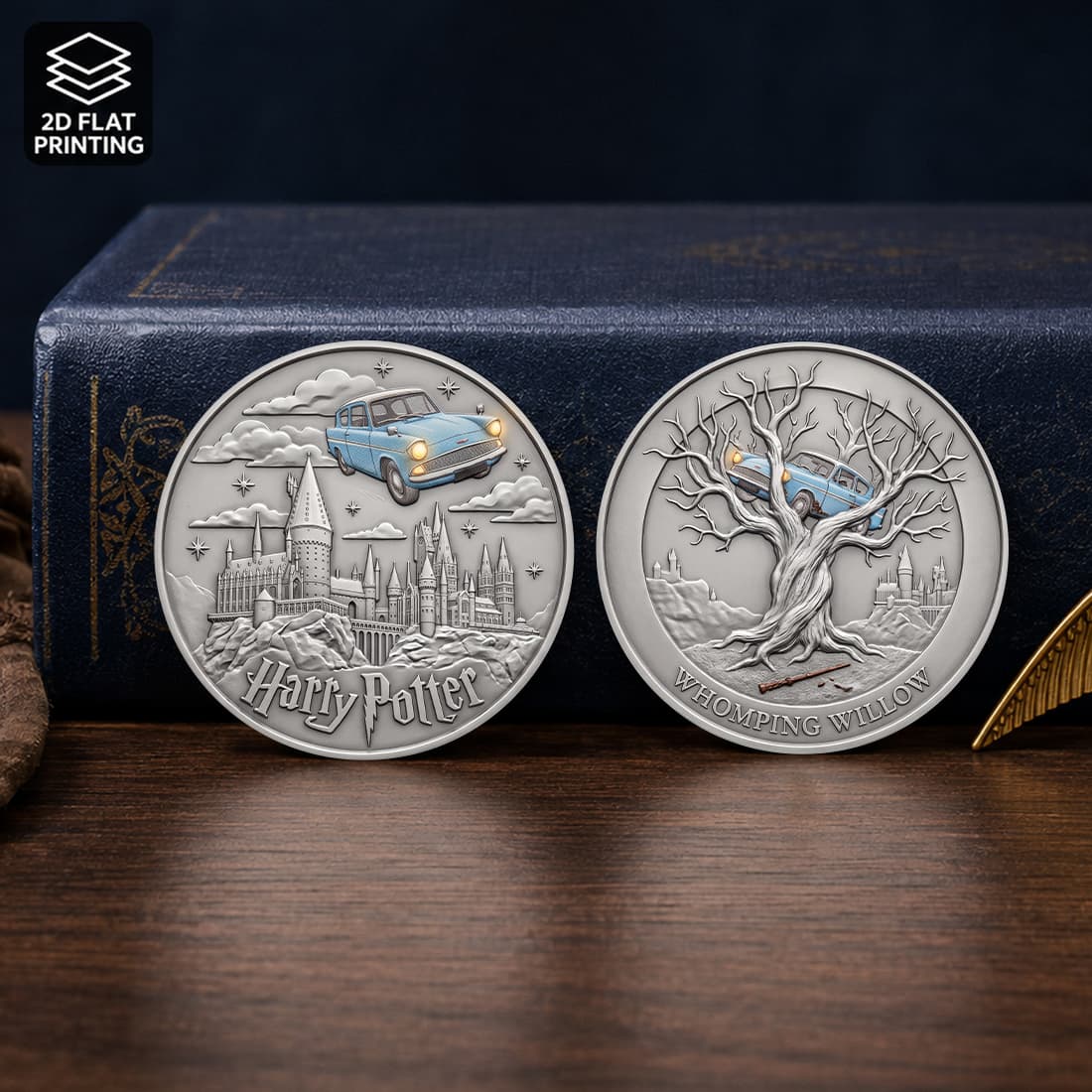 TEMU 1pc, Harry Potter Flying Car Commemorative Coin, (4'x4'), Hogwarts Castle, Movie Memorabilia, Coin Collection, Collectible Coin, Souvenir Coin,