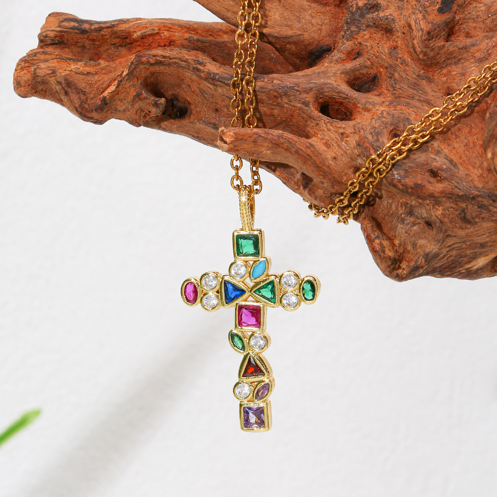Image of Women's Golden Cross Pendant Necklace With Multi-colored Glass Inlays On A Stainless Steel Chain, A Stylish Accessory For Parties